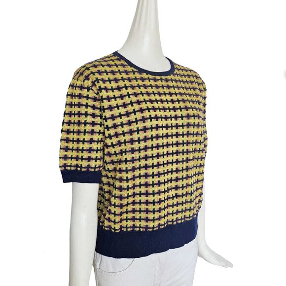 DRIES VAN NOTEN PURPLE/YELLOW JACQUARD SHORT SLEEVES SWEATER (XS) - Picture 2 of 7